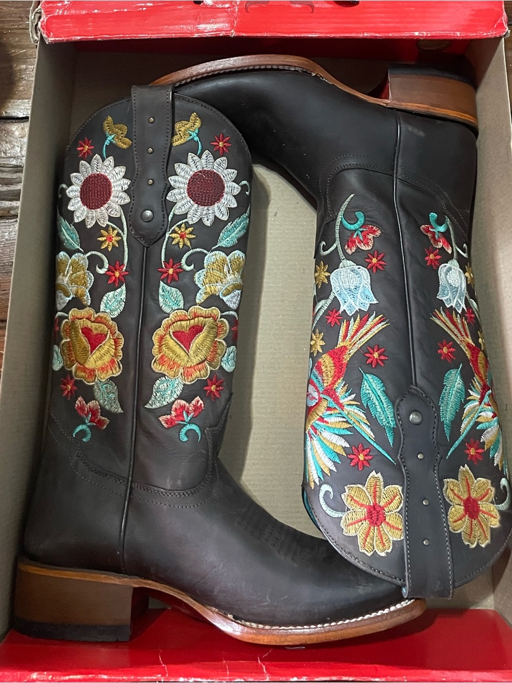 Embroidered Floral Black Leather Cowgirl boots